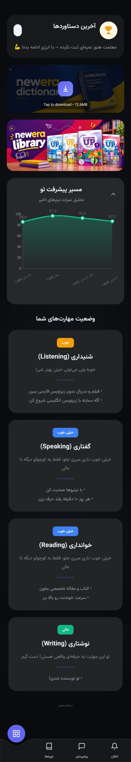 نمایی از داشبورد اپلیکیشن موسسه زبان عصر نو